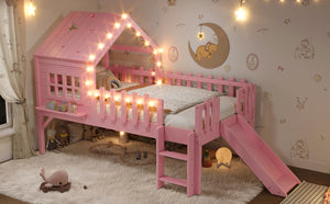 English Elm Twin Playhouse Loft Bed Solid Pine Frame with Slide Led Lights and Star Roof Pink W5316S00003