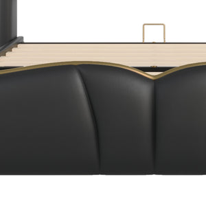English Elm Christopher Knight Home® - Queen Plush Leather Upholstered Bed Frame with Wingback Headboard, Wavy Footboard, Quiet Support Black 85.2 L x 9.8 W x 3.25 H N761S0000016B