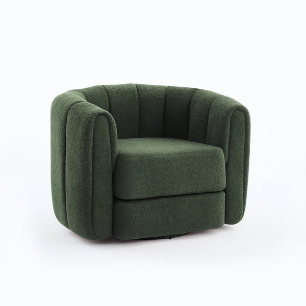English Elm Swivel Teddy Fabric Barrel Chair with 360° Rotation, Solid Wood Base, Plush High-Density Comfort Green+Dark Green W2606P221608