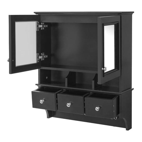English Elm 4-in-1 Wall Mounted Bathroom Cabinet with Mirror Drawers and Towel Hooks Vanity Black N710P405416B