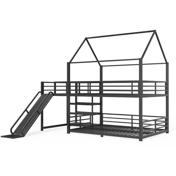 English Elm Twin House Bunk Bed with Slide Storage Stairs and Safety Rails for Kids Rooms W1580S00649