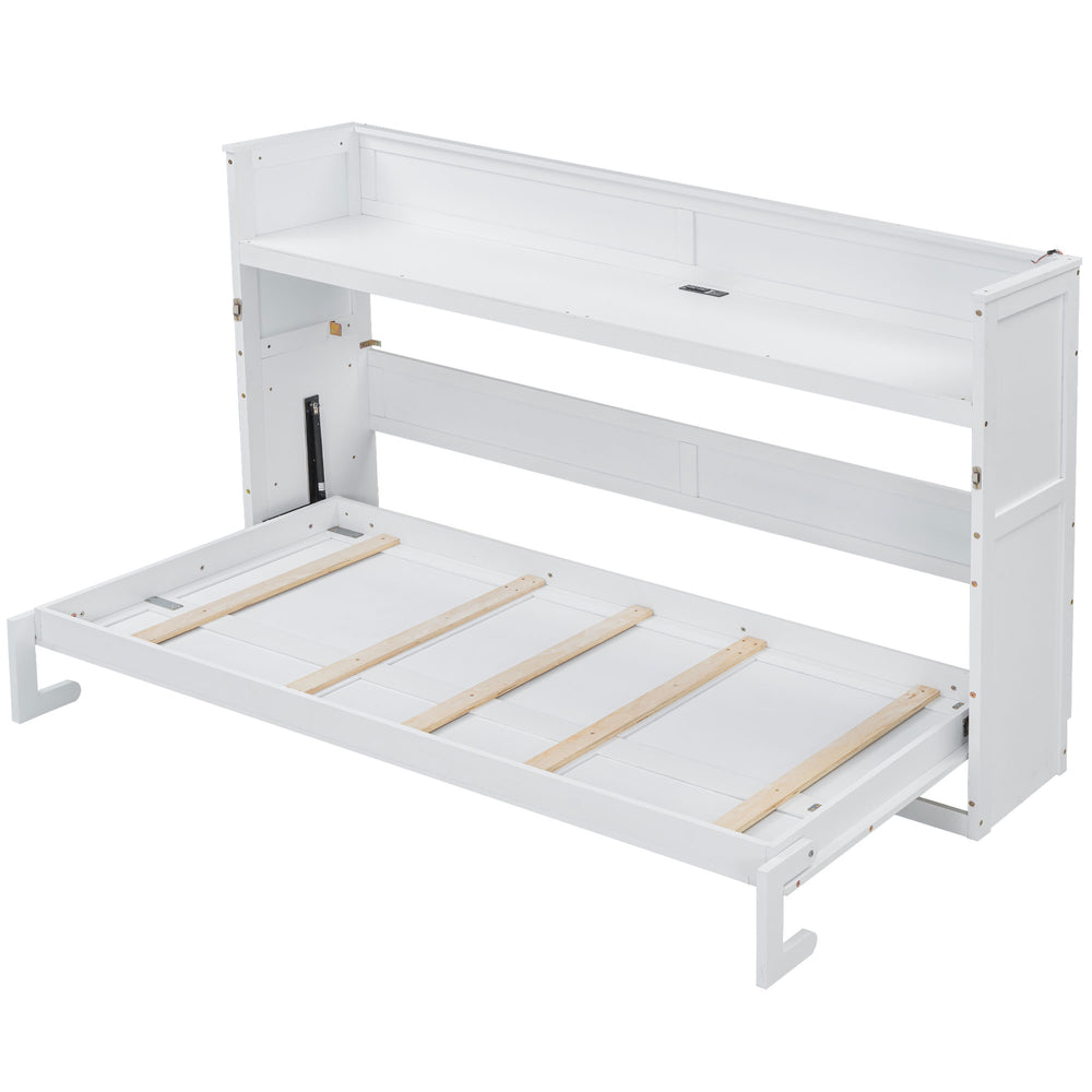 English Elm Twin XL Murphy Bed with Desk, LED Lighting and USB Charging Station — Space-Saving Solid Pine Design White N7090005001W