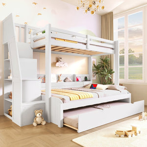 English Elm Twin Over Full Bunk Bed with Stair Drawers Shelves Led Lighting and Usb Port White N7090005013K
