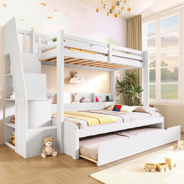 English Elm Twin Over Full Bunk Bed with Stair Drawers Shelves Led Lighting and Usb Port White N7090005013K
