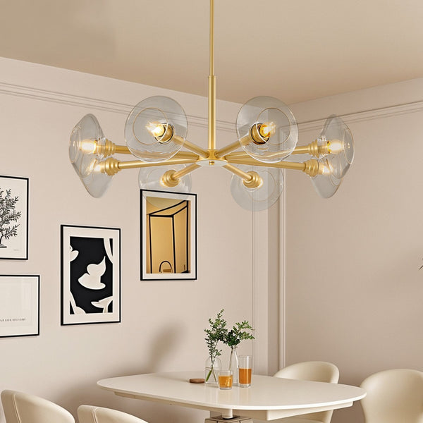 English Elm 36" Gold 8-Light Sputnik Chandelier with Clear Glass Shades — Mid-Century Iron Pendant for Dining Room W1340P233173