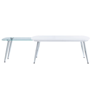 English Elm Patina Modern White Coffee Table with Chrome Legs, High-Gloss, Tempered Glass & Pull-Out Top for Space-Saving Style B2726S00031
