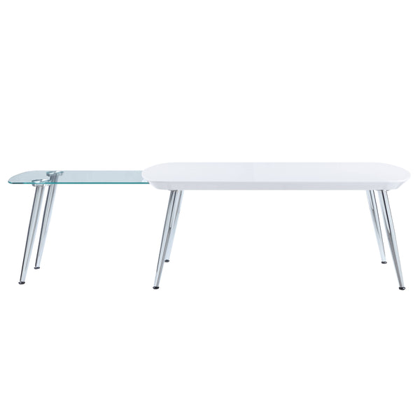 English Elm Patina Modern White Coffee Table with Chrome Legs, High-Gloss, Tempered Glass & Pull-Out Top for Space-Saving Style B2726S00031