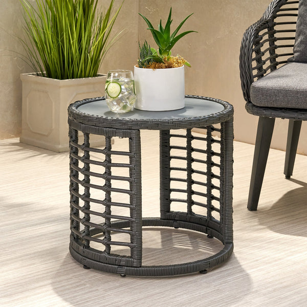 English Elm Christopher Knight Home® - TATIANA Side Table Rattan Accent with Sleek Round Profile, Durable Woven Texture, Compact Design Grey 66027.00GRY