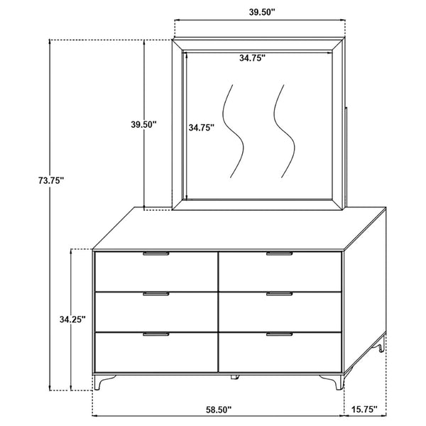 English Elm James White Glam Dresser with Mirror Gold Hardware Six Drawers Bedroom Vanity Set B062S01742