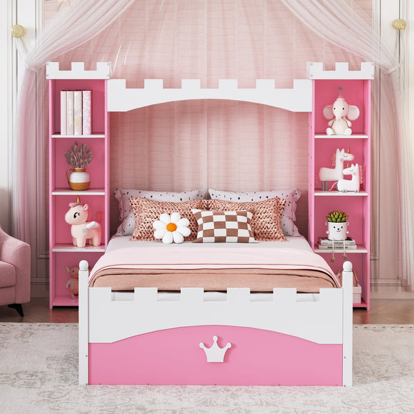English Elm Castle-Shaped Twin Bed with Crown Footboard and Built-In Shelves, Sturdy MDF/Pine Frame for Kids Pink+White 56.69 L x 17.72 W x 5.51 H N733S177379H