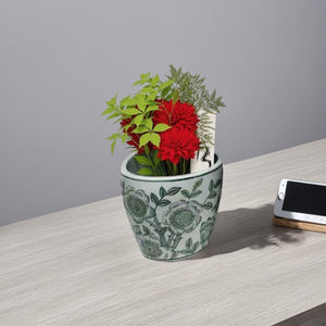 English Elm Kerry Blue Floral White Ceramic Planter Collection Four Graduated Pots for Indoor Garden Display White+Green B056P416929