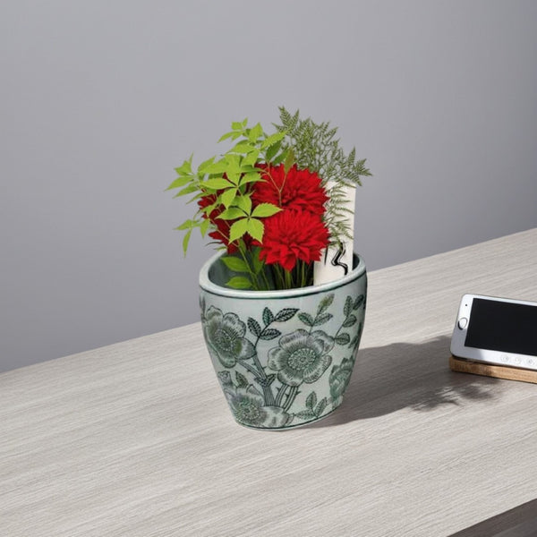 English Elm Kerry Blue Floral White Ceramic Planter Collection Four Graduated Pots for Indoor Garden Display White+Green B056P416929
