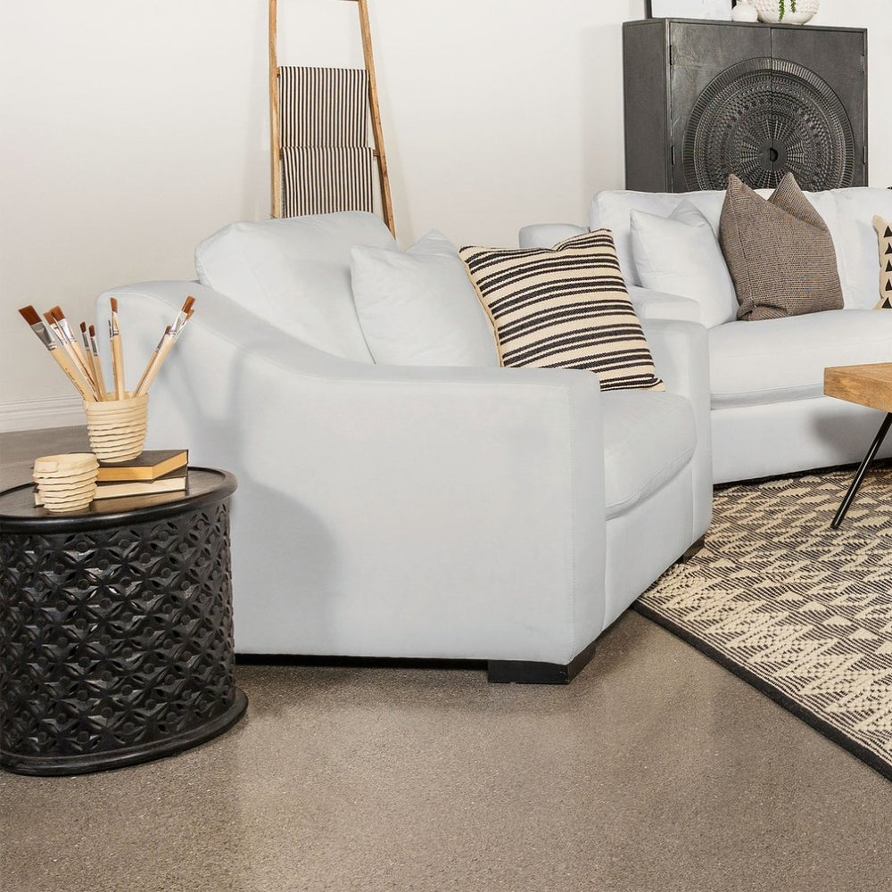 English Elm Chelan White Fabric Accent Chair with Sloped Arms Boxed Cushions and Cappuccino Wood Legs B062P440261