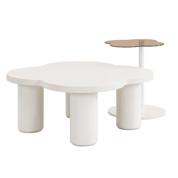 English Elm VIBE Petal-Shaped Modern Coffee Table Set of 2 with Roman Column Legs, Glass Top, Safe Rounded Corners SJ000135AAK