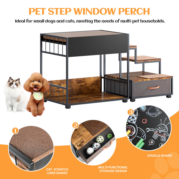 English Elm Pet Pet Step Window Perch Bunk Bed for Dogs Elevated Multi-Level Lounge with Drawer Non-Slip Pad Vintage W1687P181838
