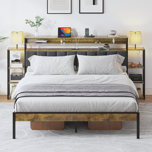English Elm Queen Velvet Platform Bed with LED Lighting, USB Charging & Shelved Headboard for Storage W636P192107