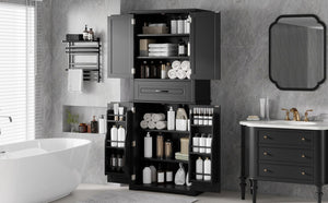 English Elm [video] Tall Matte Black Bathroom Cabinet with Drawer Adjustable Shelves and Door Racks N759P241667B