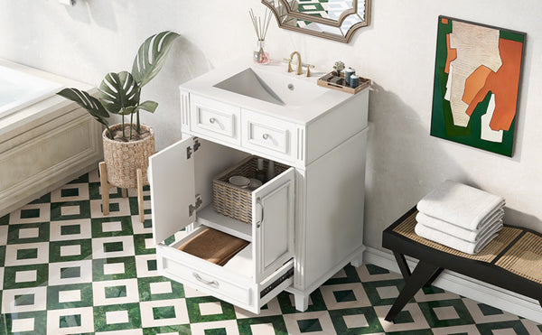 English Elm 24'' Retro Bathroom Vanity Solid Rubberwood Frame Ceramic Sink Soft Close Storage White N710P405405K