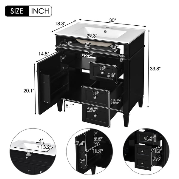 English Elm 30'' Bathroom Vanity Set With Mirror, Modern Freestanding Storage Cabinet & Integrated Sink Design SW000127AAB-1