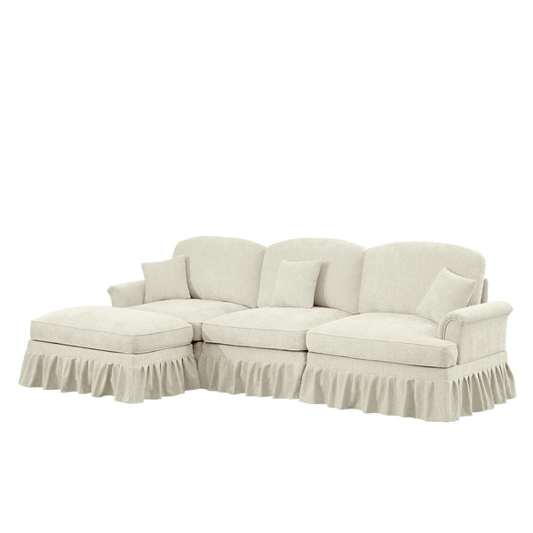 English Elm Mid Century three-seater modular L-shaped sectional sofa with removable ruffle skirts, chenille comfort and spindle legs — versatile, elegant seating solution Beige+White W3041S00234
