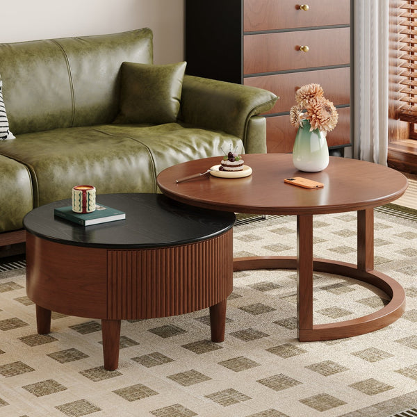English Elm Vintage Round Nesting Coffee Table with Fluted Drawer, Two-Tone Black & Walnut, Sturdy 176lb Capacity N735P332426D