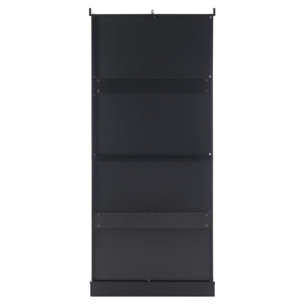 English Elm 70.1" Modern Tall Storage Cabinet with 3 Drawers, 2 Adjustable Shelves, Soft-Close Glass Doors, Gold Handles Black N729P271979B
