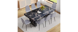 English Elm Table and Chair Set Seats Eight with Marble Pattern Mdf Top Brown Fabric Dining W1151S04134