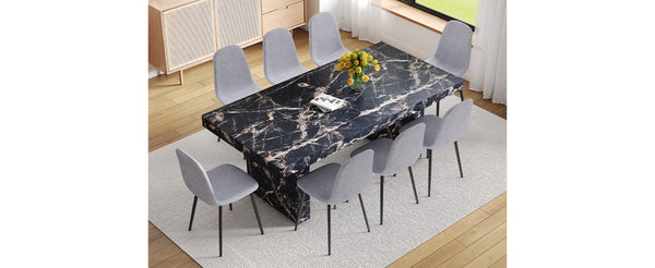 English Elm Table and Chair Set Seats Eight with Marble Pattern Mdf Top Brown Fabric Dining W1151S04134