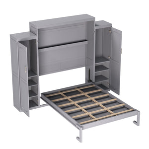 English Elm Queen Murphy Wall Bed Gray Pine Platform Frame with Dual Wardrobe Storage Shelves N733S339767E