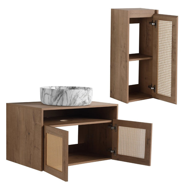 English Elm 30" Floating Bathroom Vanity Set with Ceramic Vessel Sink and Rattan Side Cabinet W999S00497