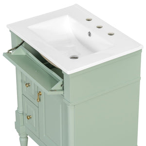 English Elm 24 Inch Freestanding Vanity with Ceramic Sink Rubberwood Frame Matte Finish Storage Green N725P356058F