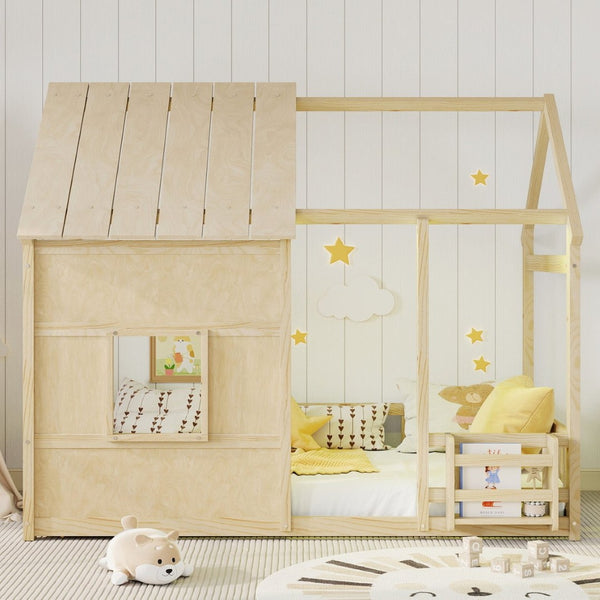 English Elm Twin House Frame Floor Bed Pinewood Build with Led Roofline Kids Bedroom Natural W697P435882