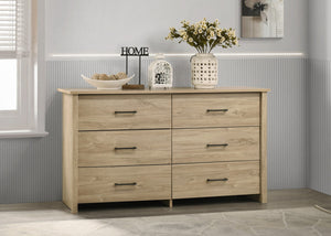 English Elm Seraphiel Six Drawer Wide Dresser Oak Tone Finish Matte Black Hardware Bedroom Storage Light Oak B2749P413335