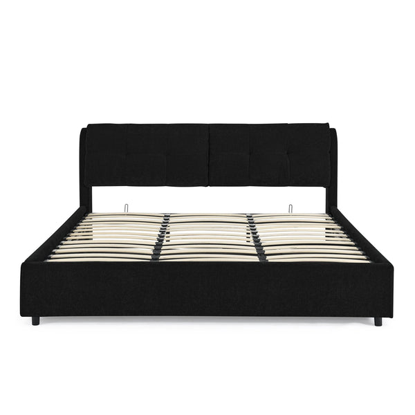 English Elm King Size Hydraulic Platform Bed With Integrated Headboard - Stylish Chenille Upholstery, Black W1413S00116