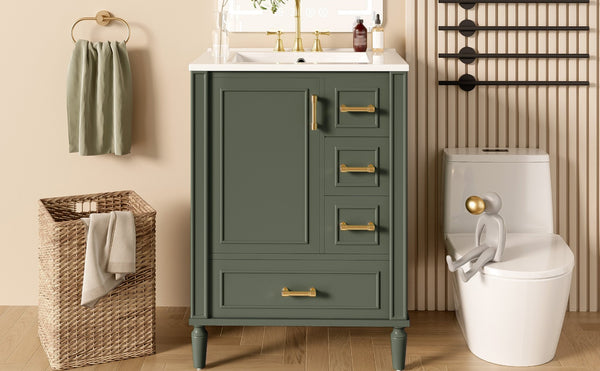 English Elm 24" Olive Bathroom Vanity Solid Wood Frame Ceramic Sink Gold Hardware Soft Close Olive Green N729P373272F