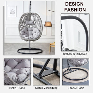 English Elm Egg Swing Chair Woven Rattan Basket Seat with Stand Cushion for Patio Bedroom W1512P498597