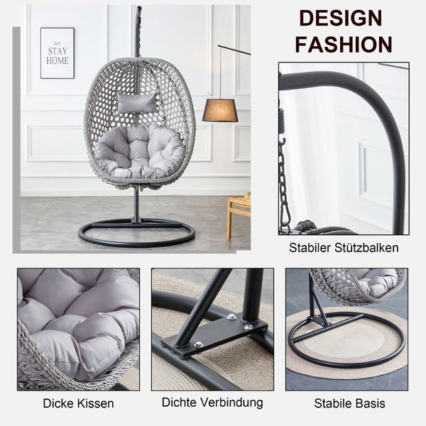 English Elm Egg Swing Chair Woven Rattan Basket Seat with Stand Cushion for Patio Bedroom W1512P498597