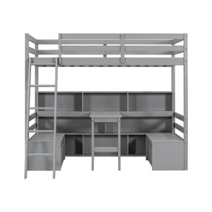English Elm Twin Low Loft Bed with Pull Out Desk Drawers Cabinet and Shelves for Kids Grey W697S00035