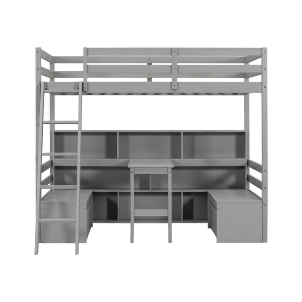 English Elm Twin Low Loft Bed with Pull Out Desk Drawers Cabinet and Shelves for Kids Grey W697S00035