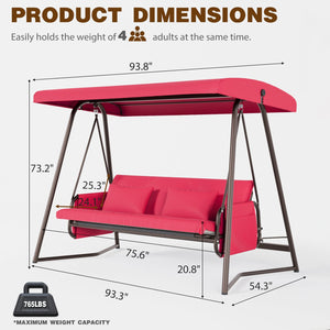 English Elm Outdoor 3 Seater Metal Swing Chair with Plush Cushion, Convertible Bed, Breathable Teslin Fabric Canopy Durable Suspension System Quiet Swing for Patio and Garden Comfort 3-Person Seating Red W400P149696