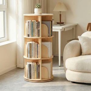 English Elm 3 Tier Spinning Round Bookcase Natural Wood Floor Shelf for Bedroom or Study W2989P460321