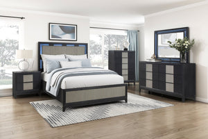 English Elm Contemporary King Platform Bed with Led Headboard Reeded Panels and Solid Wood Frame B011S02289
