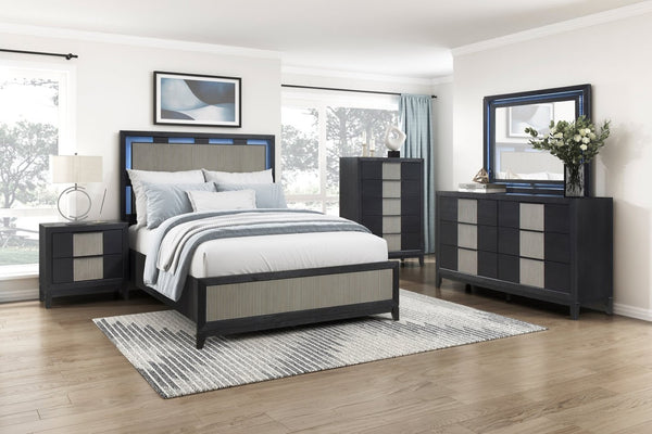 English Elm Contemporary King Platform Bed with Led Headboard Reeded Panels and Solid Wood Frame B011S02289