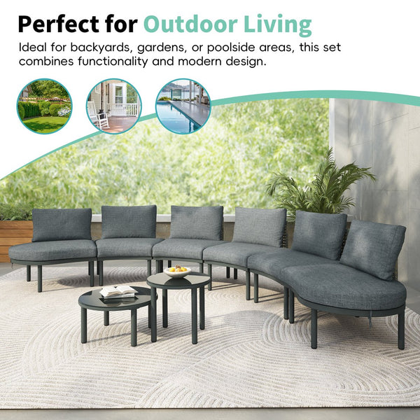 English Elm TOPMAX 8-Piece Patio Sofa Set with Modular Half-Moon Sectionals, Tempered Glass Tables, Cushioned Komfort Gray SP100029AAE