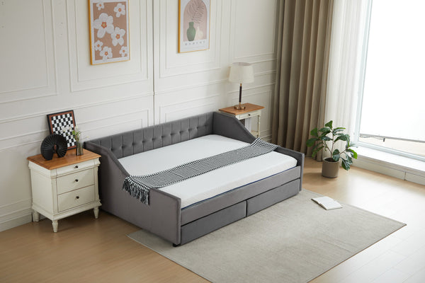 English Elm Daybed Velvet Upholstered with 2 Drawers & Wood Slat Support, Gray Full Sofa Bed with Storage W2725S00004