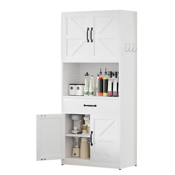 English Elm 71 Inch Steel Kitchen Pantry Cabinet with Adjustable Shelves Drawer and Hooks Modern White T2398P413028