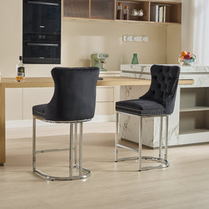 English Elm 25" Elegant Tufted Counter Bar Stools Set of 2 with Plush Spring Cushion and Chrome Durable Base Black W1143P217851