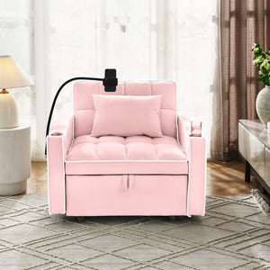 English Elm Convertible Sleeper Chair Sofa Bed with USB Type-C, Velvet 3-in-1 Recliner, Cup Holders, Space-Saving (PINK) W2353P268319