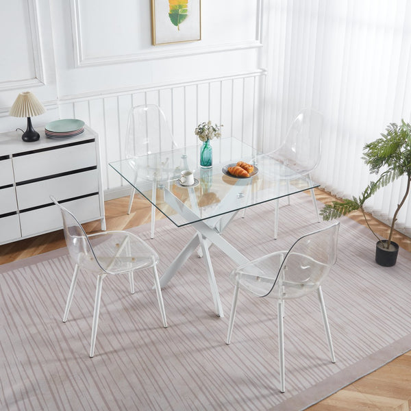 English Elm Dining Modern Glass Top Table with Cross Metal Legs for Space-Saving Living Room, Easy-Clean Design Matte White W234P311858