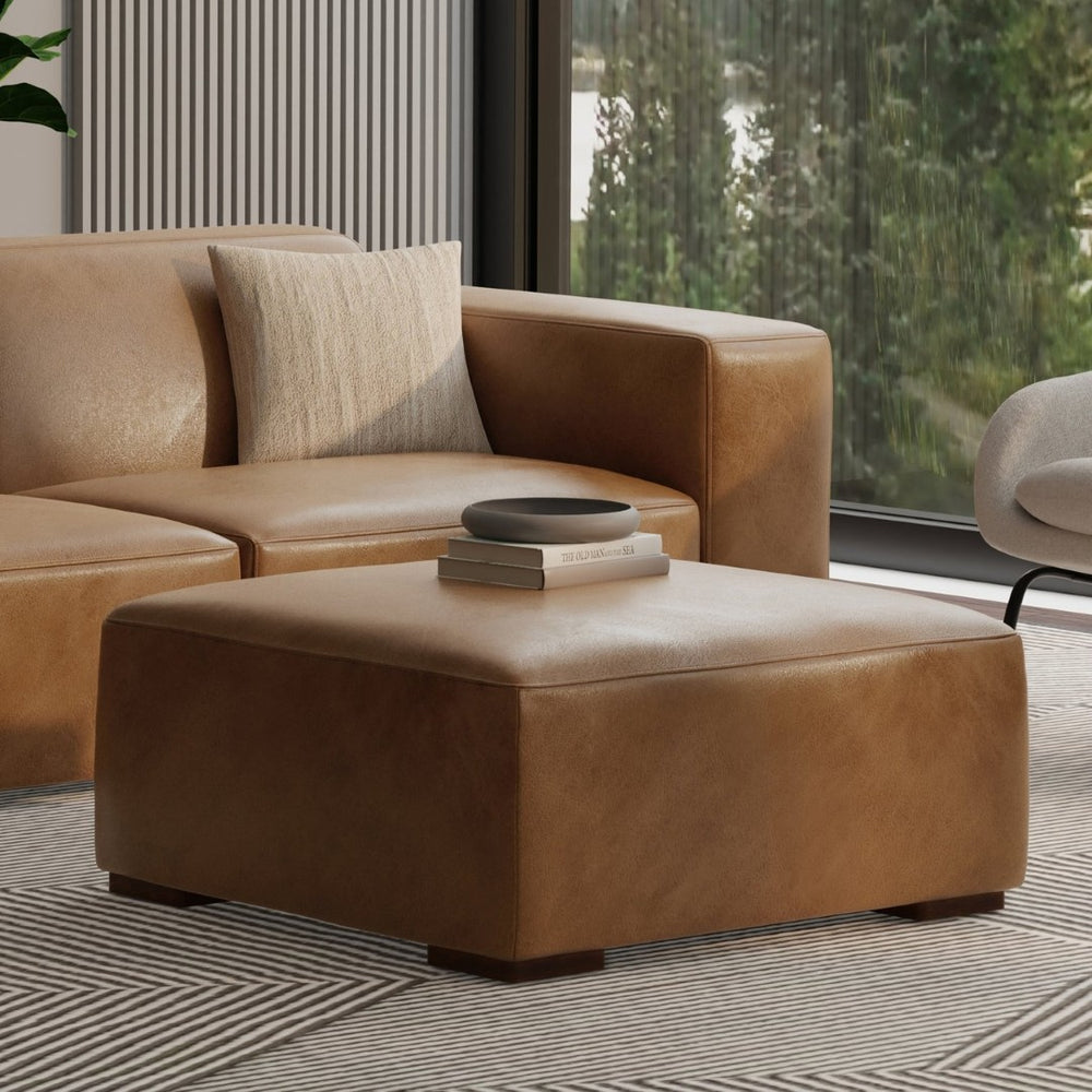 English Elm Rex Genuine Aniline Leather Ottoman Low Profile Living Room Footrest or Coffee Table B136P436948